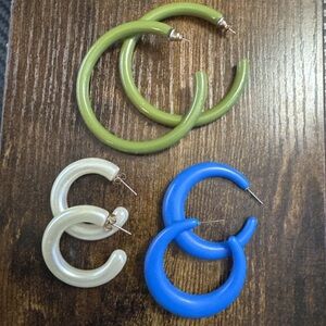 Vintage Lot of 3 C Hoop Faux Pearl Blue Green Small Medium Large Hoop Earrings